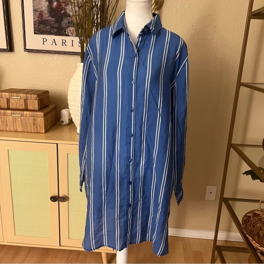 SUMMERSALT Blue Striped Button Down Shirt Dress Coverup Size XL‎